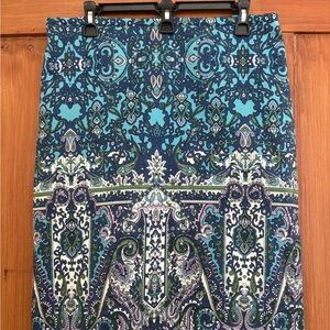 Talbots Teal and Navy Paisley-Print Pencil Skirt Size 8